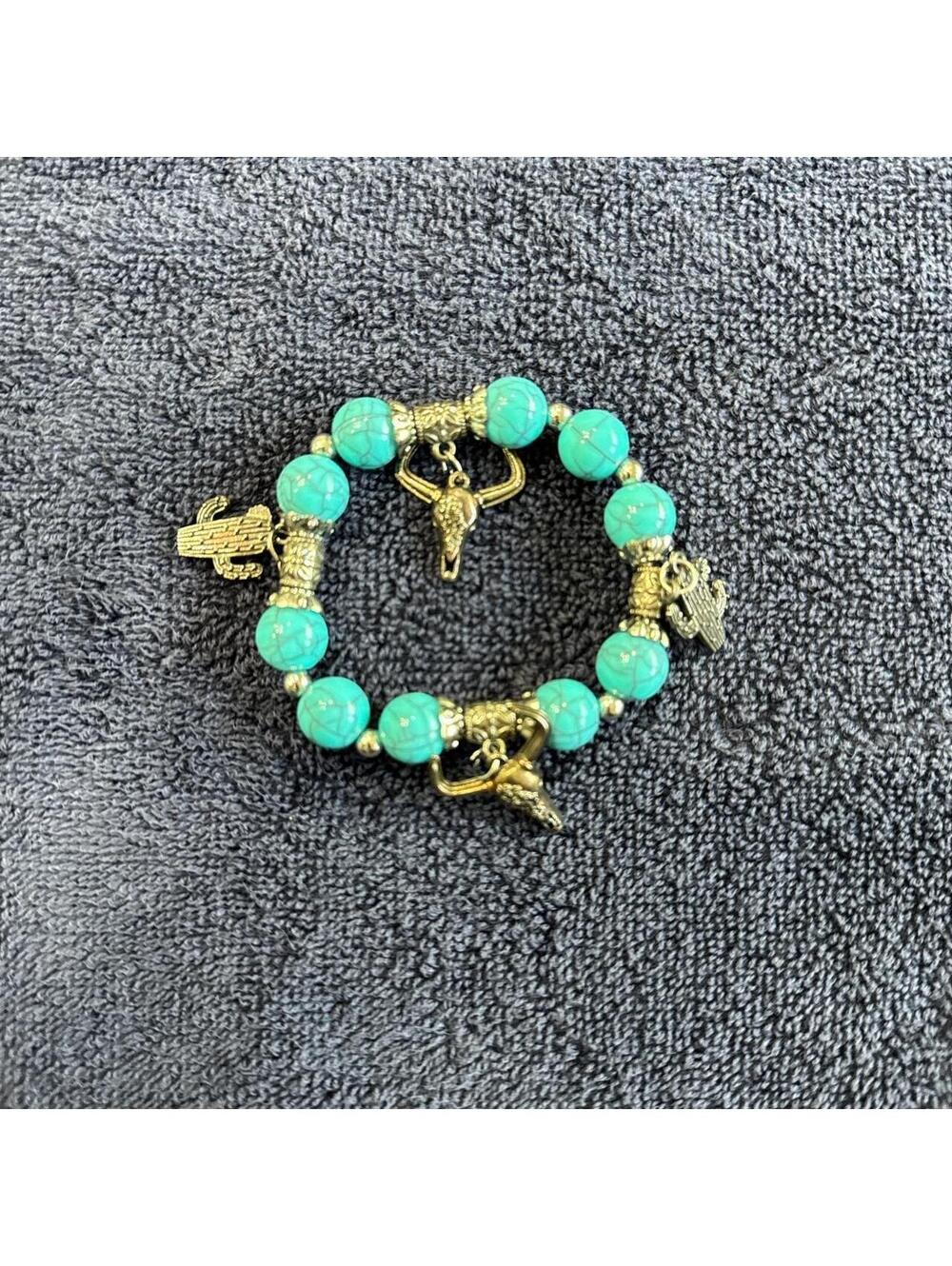 Western Turquoise Beaded Charm Bracelet, Cactus & Steer Skull Boho Style